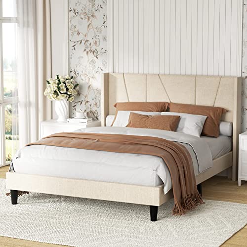 Hombck Full Size Bed Frame With Geometric Wingback Headboard, Modern Fabric Upholstered Platform Bed Frame Full With Strong Wood Slat Support, No Box Spring Needed, Easy Assembly, Beige #TOP7