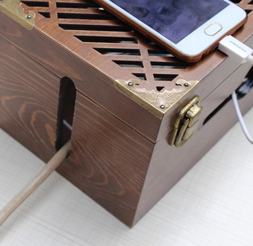 Luminexia Kabelkanal Box,Steckdosenbox Kabelsammler,Massivholz Schreibtisch Aufbewahrungsbox Kabelmanagement Box Holzregal Eckregal Kupfer Muster Dekor Mit Schloss BüRo Holz Schreibtisch Organizer