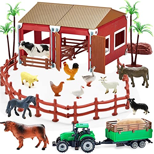 Mini Toy Barn Farm Toys Playset, 66PCS Plastic Farm Animals Figurines and Fence Farm Playset, Farm Figures Farmer Vehicle Toy Truck with Trailer for 3-12 Years Old Kids Boys Girls Toddlers