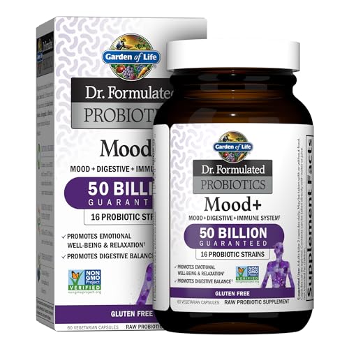 Garden of Life Probiotics Mood+ Dr Formulated Acidophilus Probiotic Supplement - Promotes Emotional Well-Being, Relaxation and Digestive Balance - Ashwagandha for Stress Management, 60 Veggie Caps