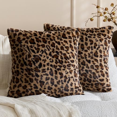 KINDREX Leopard Print Faux Fur Pillow Covers 18x18 Set of 2 Cloud-Like Soft & Fluffy Cheetah Cushion Cases Eye-Catching Decor for Living Room Sofa Bedroom Decor