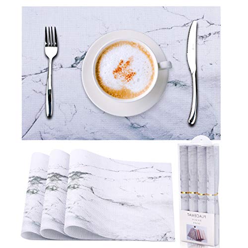 GENNISSY Marble Placemats for Dining Table Set of 4,Heat-Resistant Kitchen Table Mats Washable Easy to Clean Place Mats Non-Slip Woven Vinyl Placemat for Kitchen Table with Gift Box Packaging