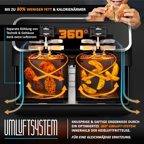 Arendo - Heißluftfritteuse Dual Zone mit 2 Kammern - XXL Kapazität 2 Fächer Doppelkammer – 2700 Watt - Airfryer Backofen Edelstahl - Touchscreen - 3D Umluftsystem - Antihaftbeschichtung - PFAS frei – Bild 6