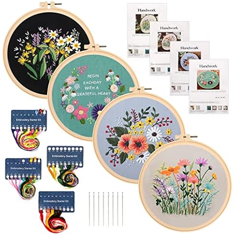 YHANEC Beginner Embroidery Kit, 4 Pack Embroidery Starters Kit, DIY Hand Embroidery Kit, Plant Patterns, Cross Stitch Kits for Adults, with 4*Embroidery Hoop, Threads, Tool and Instruction Cover