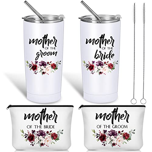 4 Pack Mother Of The Groom Mug Tumblers Bride Makeup Bags Stainless Steel Bride Tumbler Mother Cosmetic Canvas Bag Wedding Tribe Gift For Couple Mom Bridal Shower Travel Party Favors(Classic Flowers) #TOP30
