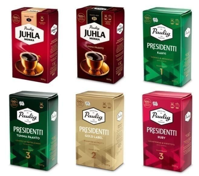 Paulig Coffee 4 packs 2kg 70oz Many kind set Fine Grind - Premium Filter Blend Ground Coffee - Bag Finnish Coffee - SOPOSOPO Box - Juhla Mokka