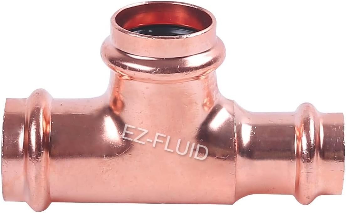 EZ-FLUID 1 X 1/2 X 1/2 Heavy Duty Copper Press Reducing Tee Fitting,No Lead Copper Pressure Press 3 Way Reducer Tee Fittings,Copper Press Copper Fitting Connection (1)