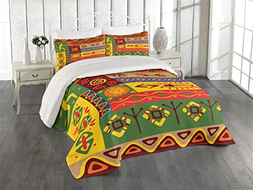 Ambesonne African Coverlet, Abstract West Folk Art Forms with Unique Lines Print, 3 Piece Decorative Quilted Bedspread Set with 2 Pillow Shams, King Size, Green Orange