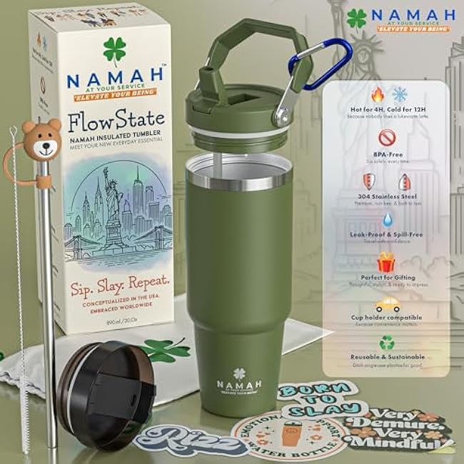 Namah? 30oz Spiritual Tumbler with Handle, Lid & Straw ¨C Stainless Steel Insulated Travel Mug | Leak-Proof Double Wall Cup for Hot & Cold Drinks | Zen Gift for Yoga, Wellness ¨C Forest Olive Green