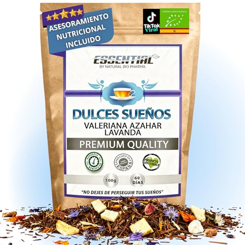Duerme bien. Infusiones Relajantes para la Ansiedad y para Dormir Profundo toda la Noche. Rooibos de Valeriana, Lavanda, Malva, Azahar y Manzana. Sueño Profundo con esta Infusión Relajante para Dormir