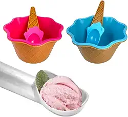 Kit 2 Pote de Sorvete Tigela Sobremesa Formato Casquinha + 2 Colher de Sobremesa + Colher de Sorvete Pegadora