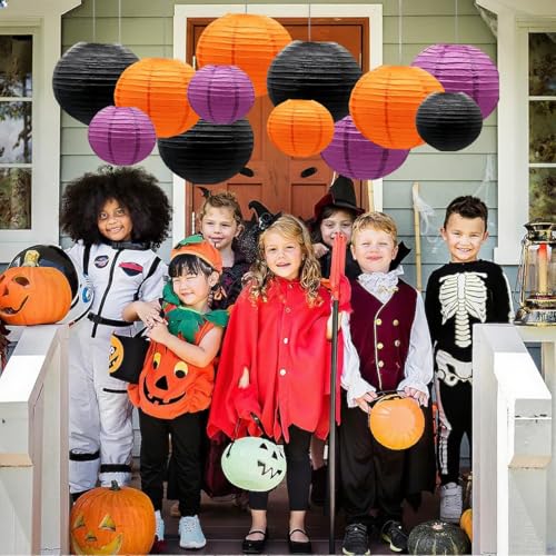 Image of Orange Purple Black Paper Lanterns Decorative 12pcs Halloween Hanging Decorations for Graduation Thanksgiving Birthday Party Decorations