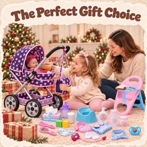 Baby Doll Stroller Set for Girls, 31 PCS Doll Accessories Pretend Play Toys - Image 2