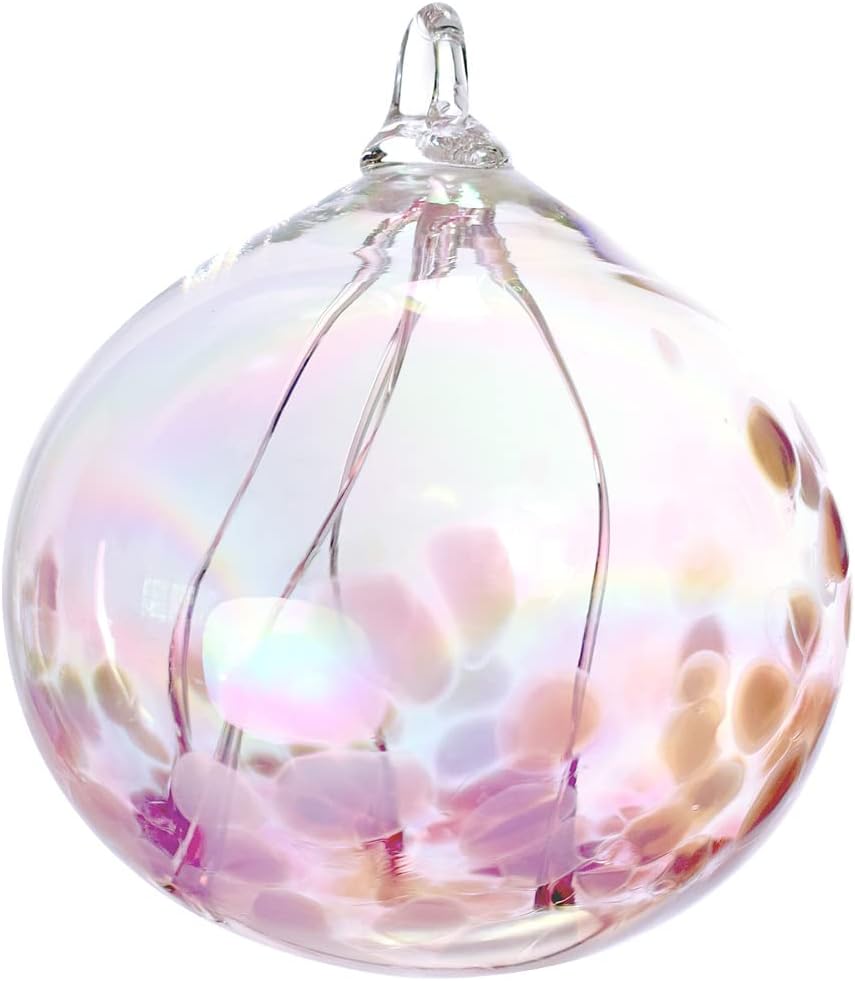 American Handmade Blown Glass Witch Ball, Large 4.5" x 6" Indoor or Outdoor Hanging (Cherry Blossom Color)