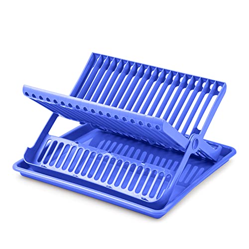 PracticDomus Égouttoir à vaisselle pliable à 2 niveaux en plastique avec plateau de récupération (bleu)
