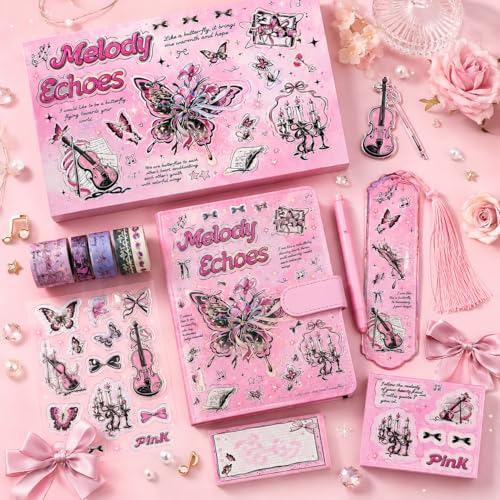 Image of PLUSPOINT Butterfly Aesthetic Scrapbook Kit for Girls - A5 Lock Diary Melody Echoes Theme with Stickers, Washi Tape, Memo Pads & Pen, Kawaii Journal Stationery Gift Set for DIY Scrapbooking