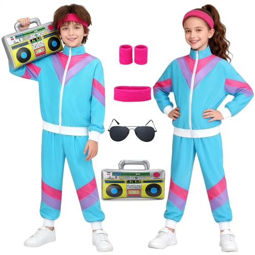90er 80er Jahre Outfit Mädchen Jungen Jogginganzug Kinder Retro Trainingsanzug Kostüm Jacke Hose Anzug Kleidung New Kids Kostüm mit Handgelenkriemen Radio Sonnenbrillen für Karneval Fasching VL008XL