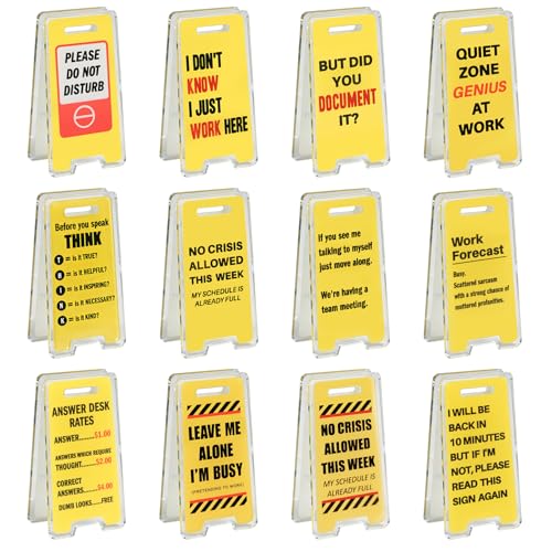 24 Pack Funny Office Desk Signs Mini Acrylic Yellow Caution Desk Signs Office Decorations for Coworker Women Men Boss and Employee Appreciation Gifts