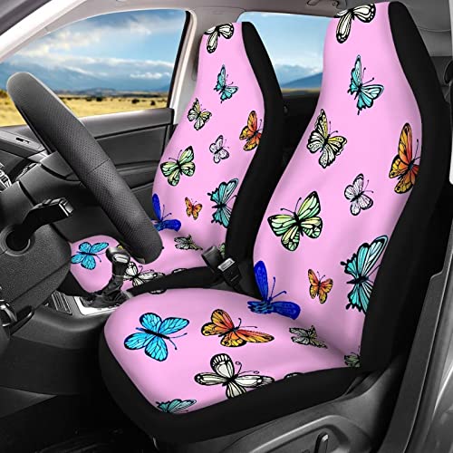 Image of Muti-Color Butterfly Print Pink Seat Covers for Cars Full Set Elastic Durable Non Slip Two Front Seat Cover Rear Bench Universal Car Seat Protector Fit Trucks SUV Comfort Soft Automotive Seat Cover