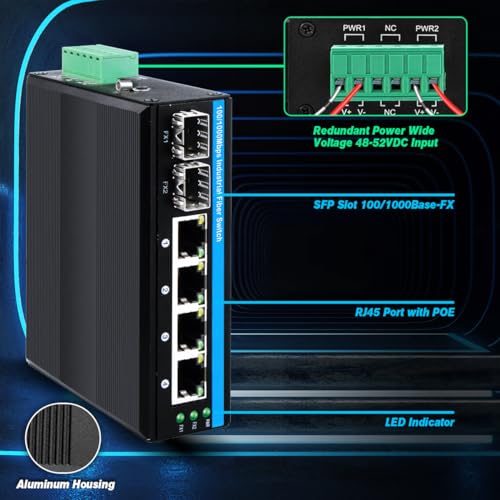 Image of 6-Port Hardened Industrial Gigabit PoE+ DIN-Rail Fiber Network Switch 4 x Gigabit PoE+ Ports 2 x 1.25G SFP Fiber Ports 120W for Outdoor Use
