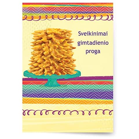 Designer Greetings Lithuanian Language Happy Birthday Cards, “Sveikinimai gimtadienio proga” Šakotis Design (6 Cards with Envelopes / 6 kortelės su vokais) Cover