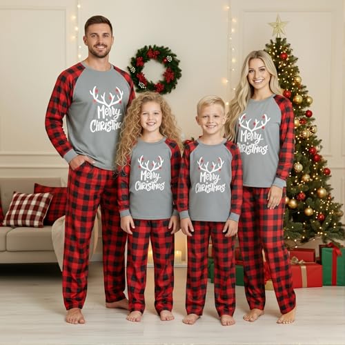 Image of IFFEI Matching Family Pajamas Sets Christmas PJ's with Letter and Plaid Printed Long Sleeve Tee and Bottom Loungewear