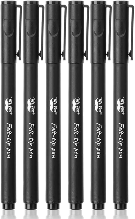 Mr. Pen- Black Felt Tip Pens, Fine Point Pens Black, Pack of 6, Fast Dry, No Smear, Planner Markers, Back to School Supplies