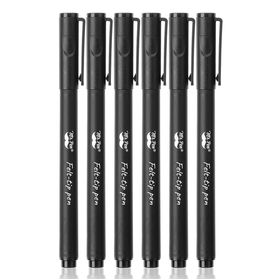 Black Felt Tip Pens, Fine Point Pens Black, Pack of 6, Fast Dry, Bible Journaling Pens, No Smear, Planner Markers