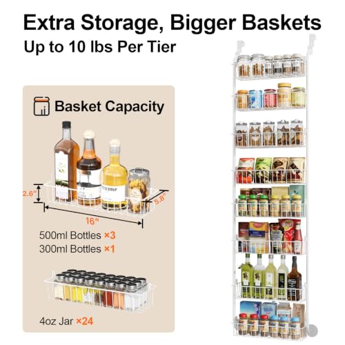 Image of Delamu Over The Door Pantry Organizer, 8-Tier Hanging Spice Rack | Large Pantry Door Organization and Storage Seasoning Shelves, Door Organizer for Kitchen, 17.1 inchW x 65.4 inchH x 5.8 inchD, White