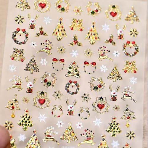 Image of 5D Embossed Christmas Nail Stickers for Nails Art Gold Xmas Tree Nail Art Stickers Elk Snowflake Nail Decals Self-Adhesive Garland Nails Decals for Women Manicure Supplies Accessories