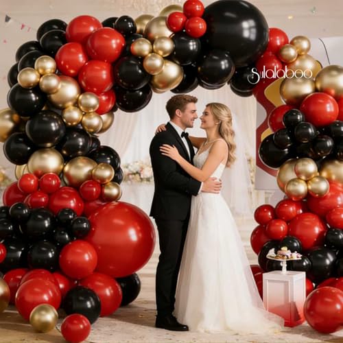 Image of Red Balloons Arch Kit 155Pcs Black Gold Metallic 18 10 5 Inch | Red Different Sizes Latex Balloon Garland for Birthday Anniversary Graduation Party Decorations