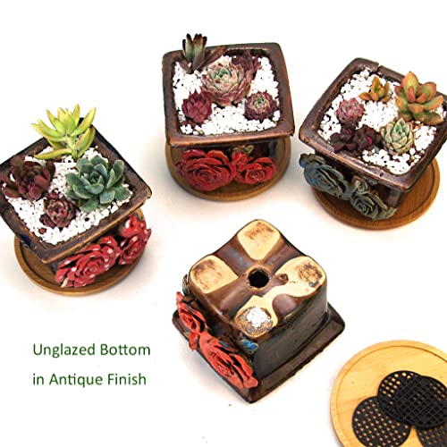 Summer Impressions 4.5 Inch Succulent Pot Handmade Flower Design Square Ceramic Antique Plant Pot Cactus Pot Planter With Drainge And Saucer Set Of 4 (Blue Orange Red Pink) #TOP4
