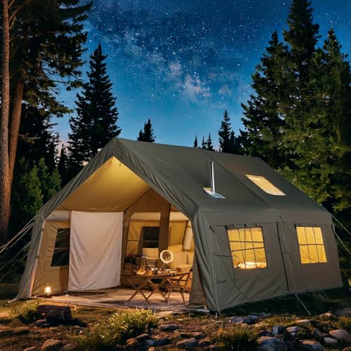 YOLENY 16x12FT Inflatable Camping Tent with Movie Screen, Pump, Stove Jack& A/C Port, Easy Setup, 4 Season Glamping Tent for 8-12 Person, Green