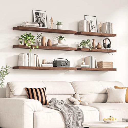 Image of Fun Memories 32Inch Floating Shelves for Wall, 8 Inch Deep Shelves for Bathroom|Bedroom|Kitchen Wall Mounted, Wood Hanging Shelf with Invisible Brackets for Home Storage Decor, Walnut - 2 Pack