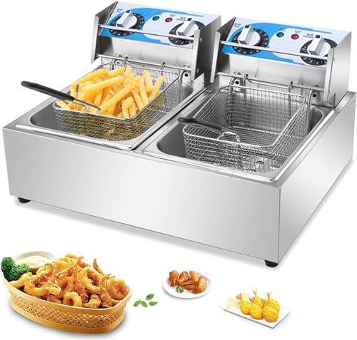 Freidora comercial, freidora eléctrica de 12.7 cuartos/12 l, freidora comercial de acero inoxidable con cesta, freidora de aceite de encimera con control de temperatura y temporizador de 60 minutos