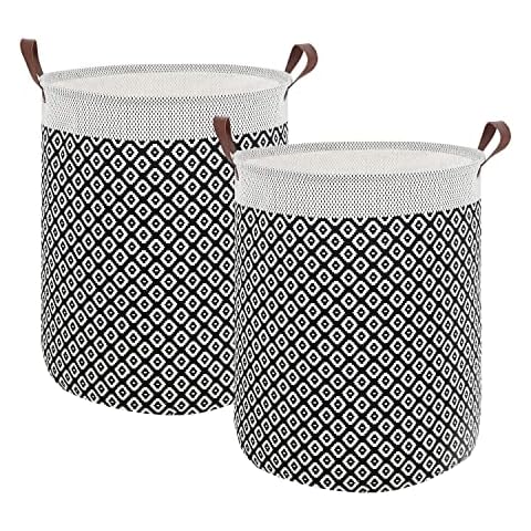 Yanzhi 2 Pcs Laundry Hamper With Leather Handles,Pack of 2 Collapsible Tall Large Round Laundry Basket,Separator Clothes Hamper Basket Foldable Laundry Organizer for Clothes Storage(Black Pattern) Cover