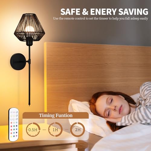 Image of Battery Operated Wall Sconces Set of 2,Rattan Rechargeable Wall Light Dimmable with Remote Control,15 Color Changing and Timer,Boho Wireless Black Wall Lamps for Bedroom,Living Room
