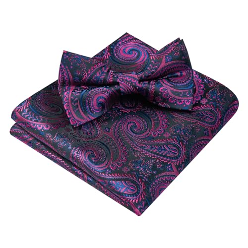 Image of HISDERN Bow Ties for Men Paisley Floral Pre-tied Bowtie Pocket Square Set Men's Formal Bow Ties Wedding Party