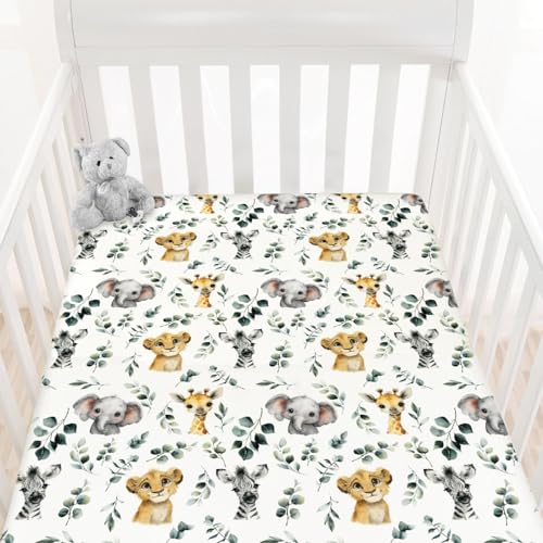 Image of HawSkgFub African Safari Animal Eucalyptus Leaf Fitted Standard Baby Crib Sheet, Neutral Jungle Elephant Giraffe Zebra Lion Toddler Mattress Cover, Soft Stretchy Nursery Bed Sheets Kids Gift 52" x 28"