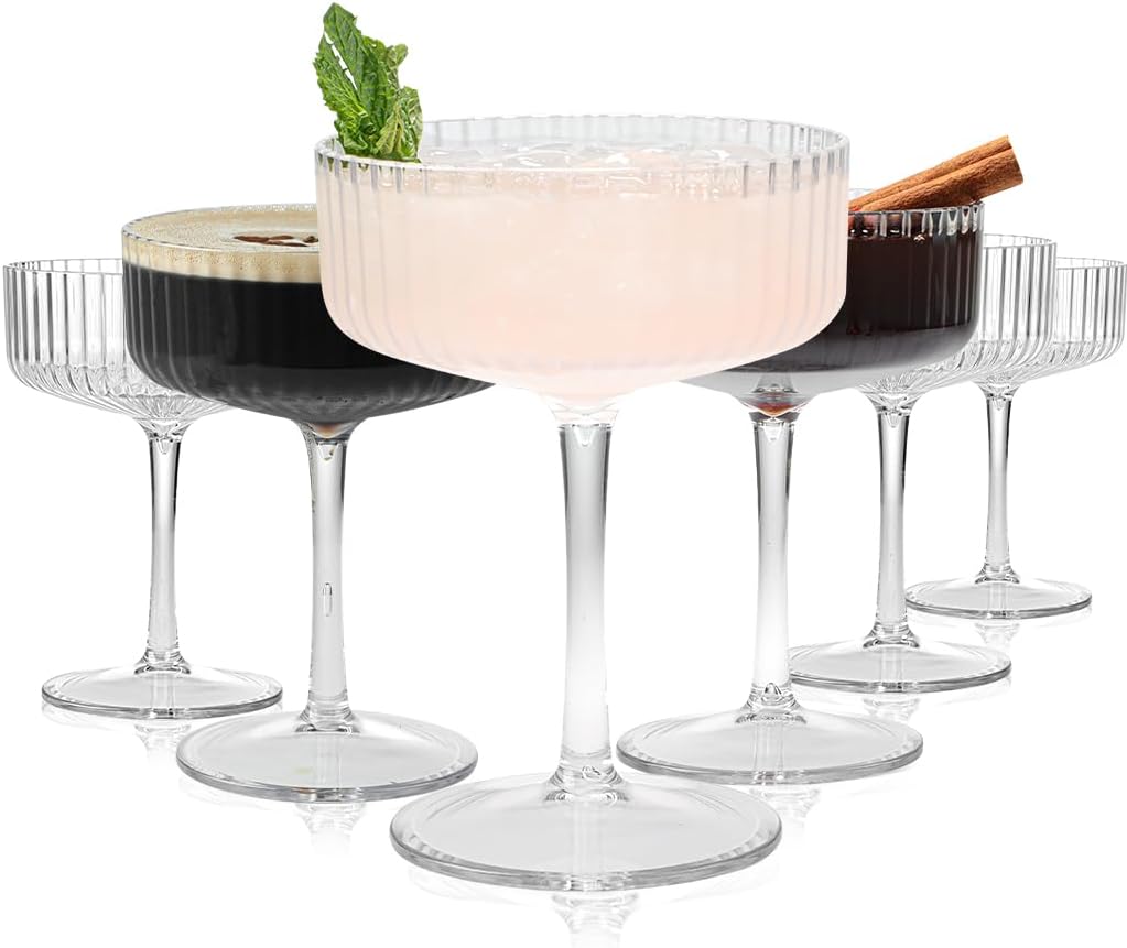 BELLAFORTE 12 Pack Plastic Martini Glasses—10oz Disposable Coupe Glasses Ribbed Martini Glasses with Stem, Unbreakable Cocktail Glassware Set, Margarita Cups for Wedding, Birthday, Party, Anniversary