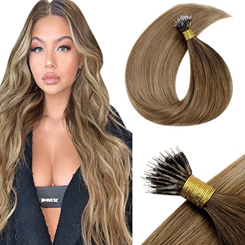 LaaVoo 16" Nano Tips Brazilian Rremy Pre Bonded Human Hair Balayage Dark Brown Fading to Ash Blonde Highlighted Honey Blonde Nano Loop Hair 1g/strand 50Gram (#4/18/16)
