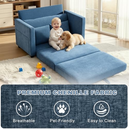 Image of 52 inch Loveseat Sleeper Sofa Bed, Convertible Small Pull Out Couch with Solid Back, 2 Pillows, Modern Upholstered Loveseat for Compact Living Room, Apartment, Bedroom, Blue
