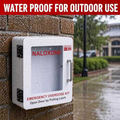 Image of Outdoor Naloxone Overdose Emergency Kit Cabinet - 100% Waterproof, Wall Mount - Includes Emergency Sign (No Alarm or Lock, White)
