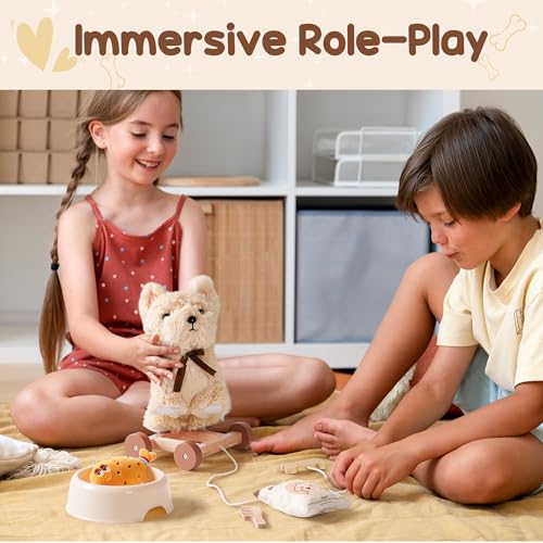 ROBUD Hund Spielzeug Kinder, 2-in-1 Nachziehtiere Spielzeug & Tierpflege Rollenspielset mit Holz Hundehütte & Abnehmbaren Rädern, Zubehör, Holzspielzeug Geschenk für Jungen Mädchen ab 2 3 Jahren