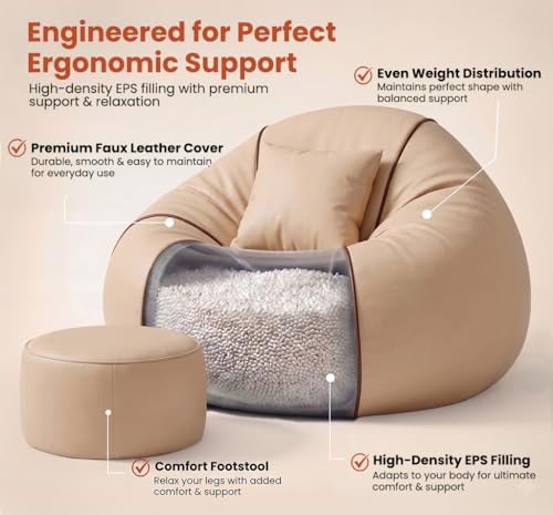 Image of Sattva Piping 5XL Sofa Style Bean Bag Chair with Beans Filled | Faux Leather Bin Bag Sofa Combo + Footstool & Cushion | Filled Beanbags for Adult & Teens | Beans Bag with Beans | Beige /Brown Piping