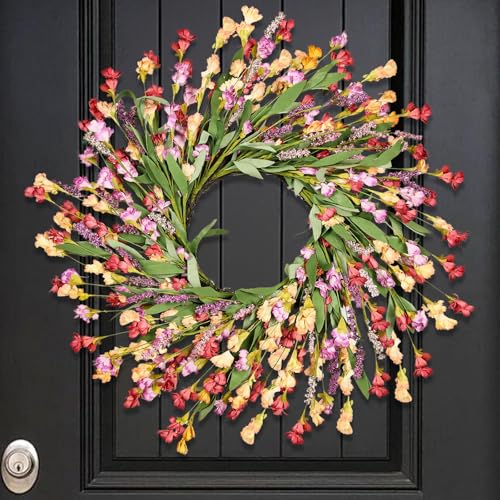 MSMUH 24 Spring Wreaths for Front Door Not Withering Artificial Floral Wreath with Wildflowers Summer Decorations for Indoor Outdoor Window Wall Farmhouse Porch Easter Home Decor Red Orange Purple