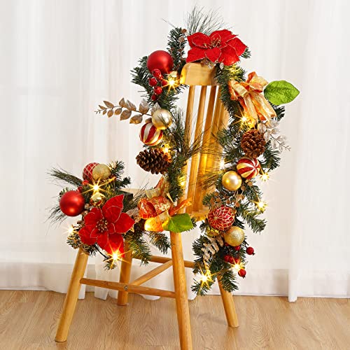 6ft Christmas Wreath with Lights, Christmas Battery Operated Artificial Vine with Classic Red Gold Decor, Pre-Lighted Christmas Wreath for Christmas Staircase Fireplace