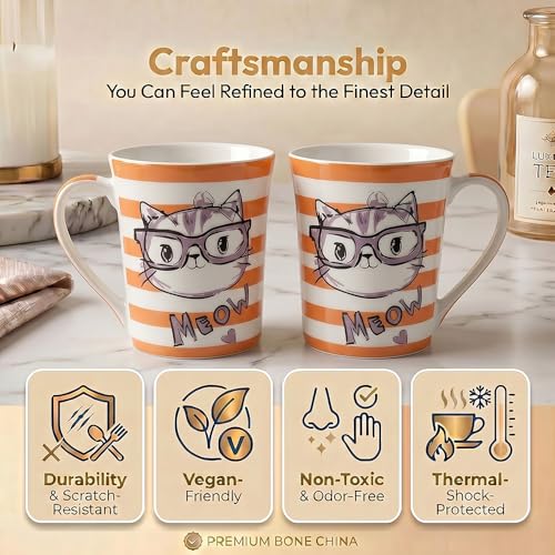 Image of UPC Cute Blue Cat Print Bone China Mug Set of 2 | Cartoon Ceramic Coffee & Tea Cups | Milk Mugs for Home, Office & Cat Lovers