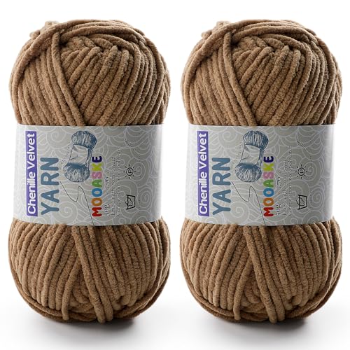 Image of 2 Pac Chenille Yarn for Crocheting - Blanket Yarn for Crocheting - Fluffy Yarn for Crochet, Baby Yarn for Crocheting Soft Blankets Weight Per Roll 50g /1.76oz, Length 60m /65yard (Coffee)