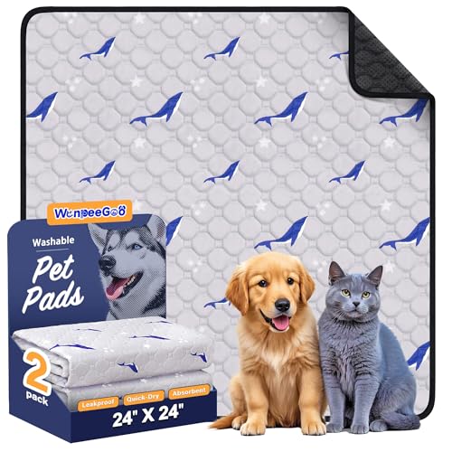 Image of WanpeeGoo Washable Pee Pads for Dogs, 2Pack Reusable Puppy Pads, Super Absorbent & Leakproof Dog Pads, Anti-Slip Dog Pee Pads for Puppy Training & Incontinence, Dolphin Pattern 24 inchx24 inch